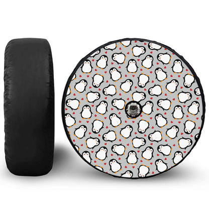 Red Heart And Penguin Pattern Print Tire Cover With Camera Hole