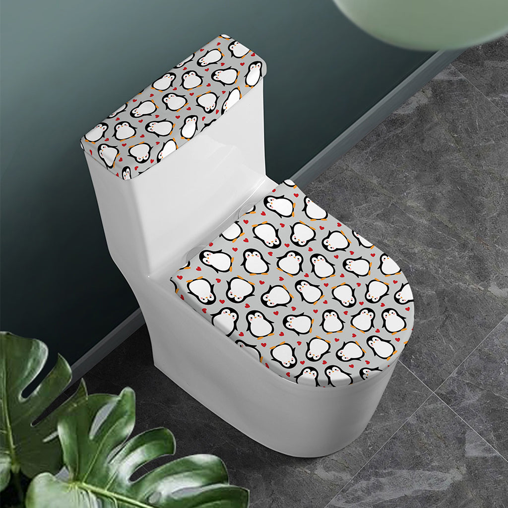 Red Heart And Penguin Pattern Print Toilet Lid And Tank Cover Set