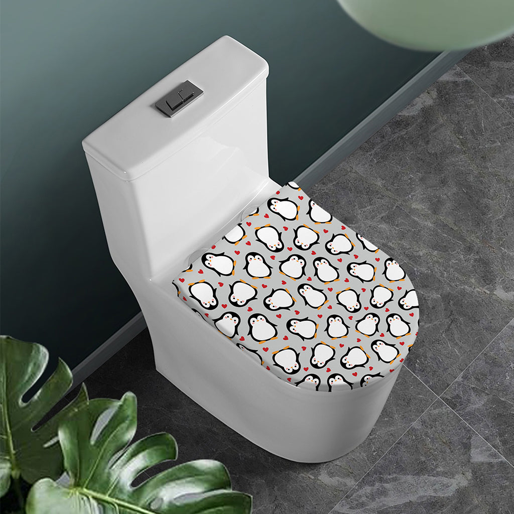 Red Heart And Penguin Pattern Print Toilet Lid Cover