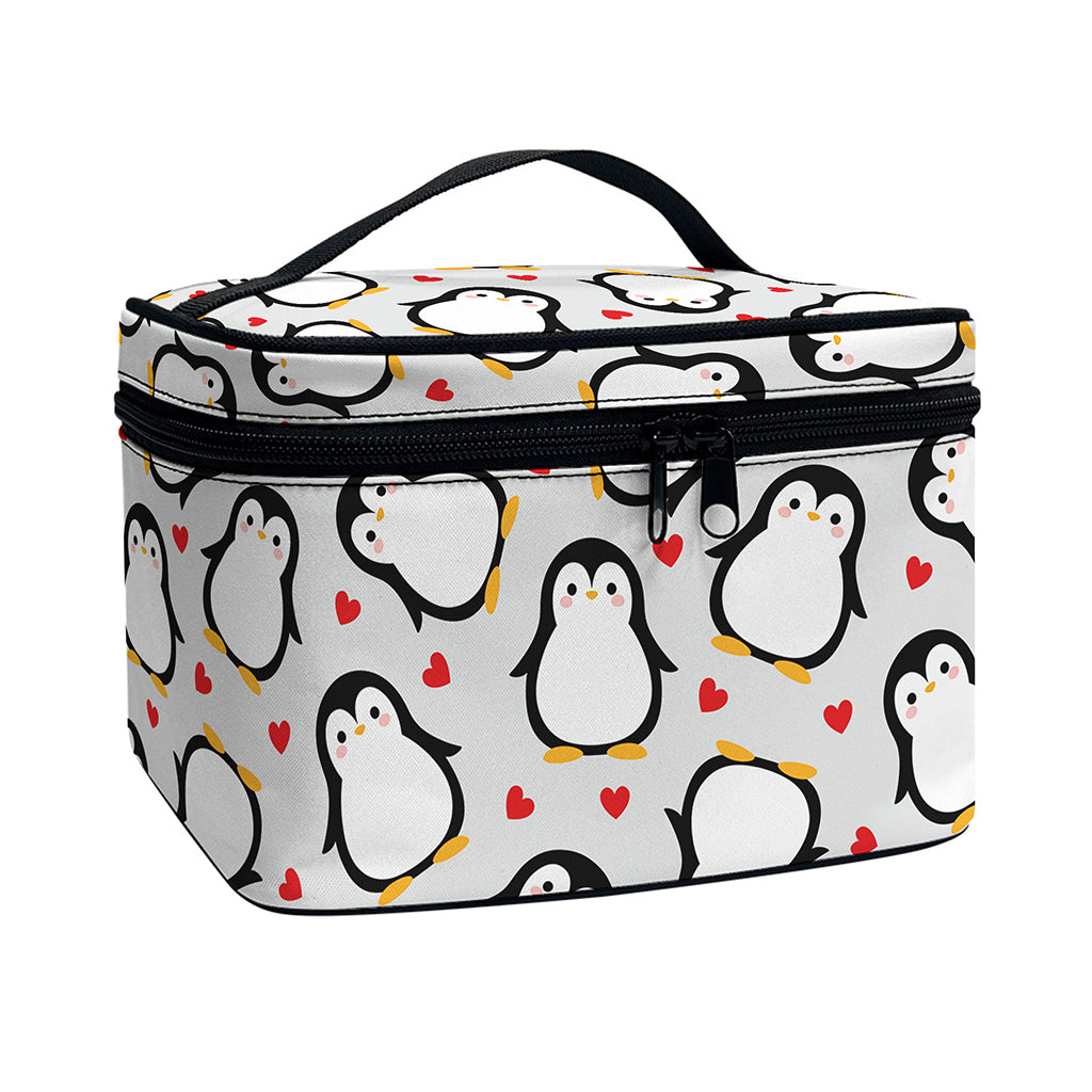 Red Heart And Penguin Pattern Print Travel Makeup Bag