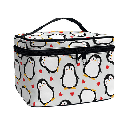 Red Heart And Penguin Pattern Print Travel Makeup Bag