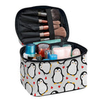 Red Heart And Penguin Pattern Print Travel Makeup Bag