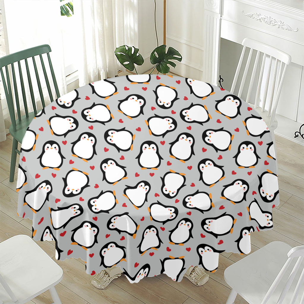 Red Heart And Penguin Pattern Print Waterproof Round Tablecloth