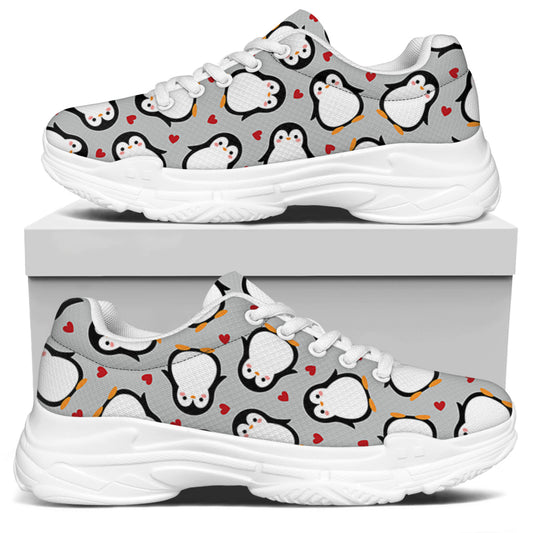 Red Heart And Penguin Pattern Print White Chunky Shoes