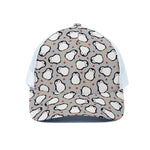 Red Heart And Penguin Pattern Print White Mesh Trucker Cap