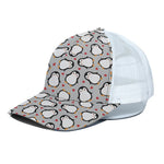 Red Heart And Penguin Pattern Print White Mesh Trucker Cap