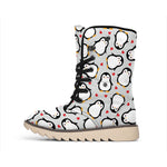 Red Heart And Penguin Pattern Print Winter Boots