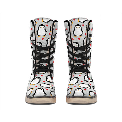Red Heart And Penguin Pattern Print Winter Boots