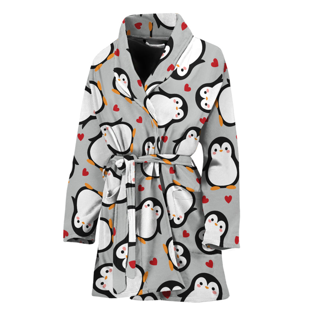 Red Heart And Penguin Pattern Print Women's Bathrobe