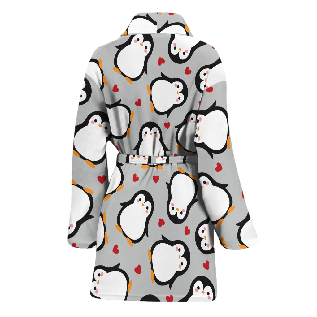 Red Heart And Penguin Pattern Print Women's Bathrobe