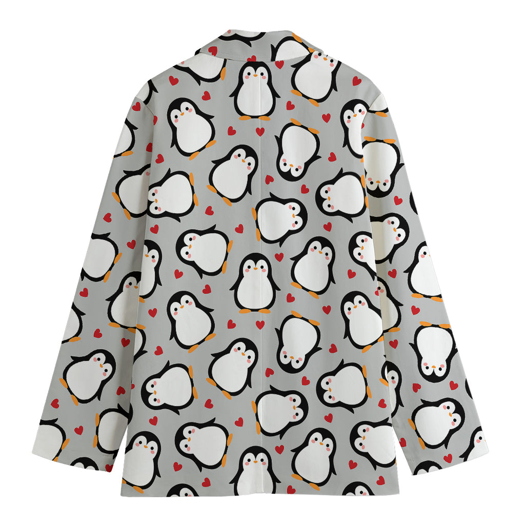 Red Heart And Penguin Pattern Print Women's Blazer