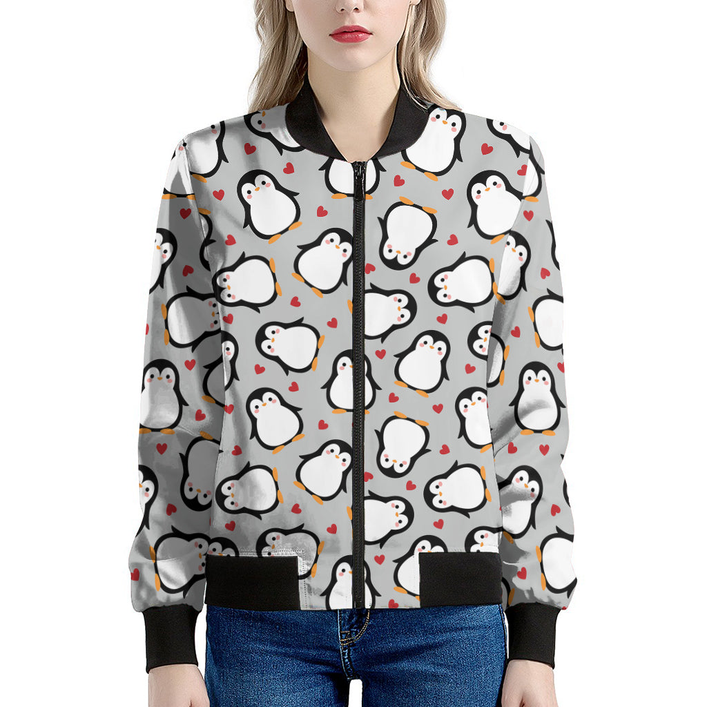 Red Heart And Penguin Pattern Print Women's Bomber Jacket