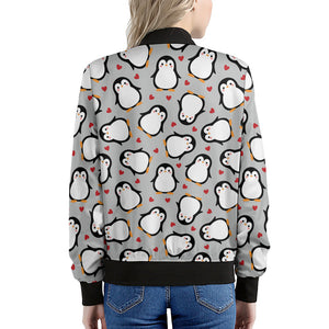 Red Heart And Penguin Pattern Print Women's Bomber Jacket