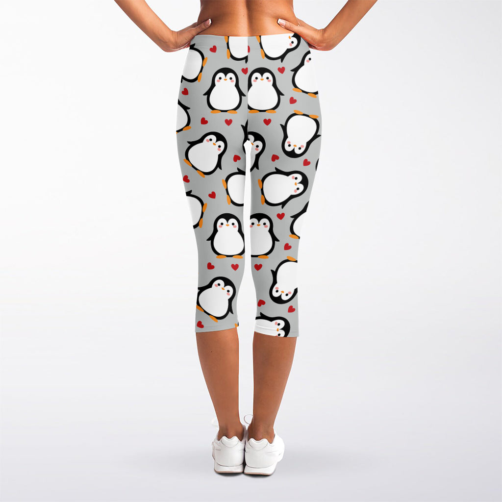 Red Heart And Penguin Pattern Print Women's Capri Leggings