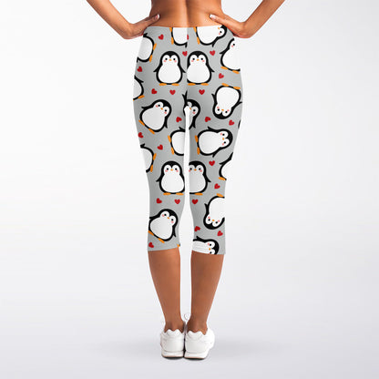 Red Heart And Penguin Pattern Print Women's Capri Leggings