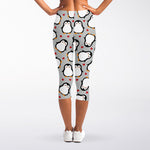 Red Heart And Penguin Pattern Print Women's Capri Leggings