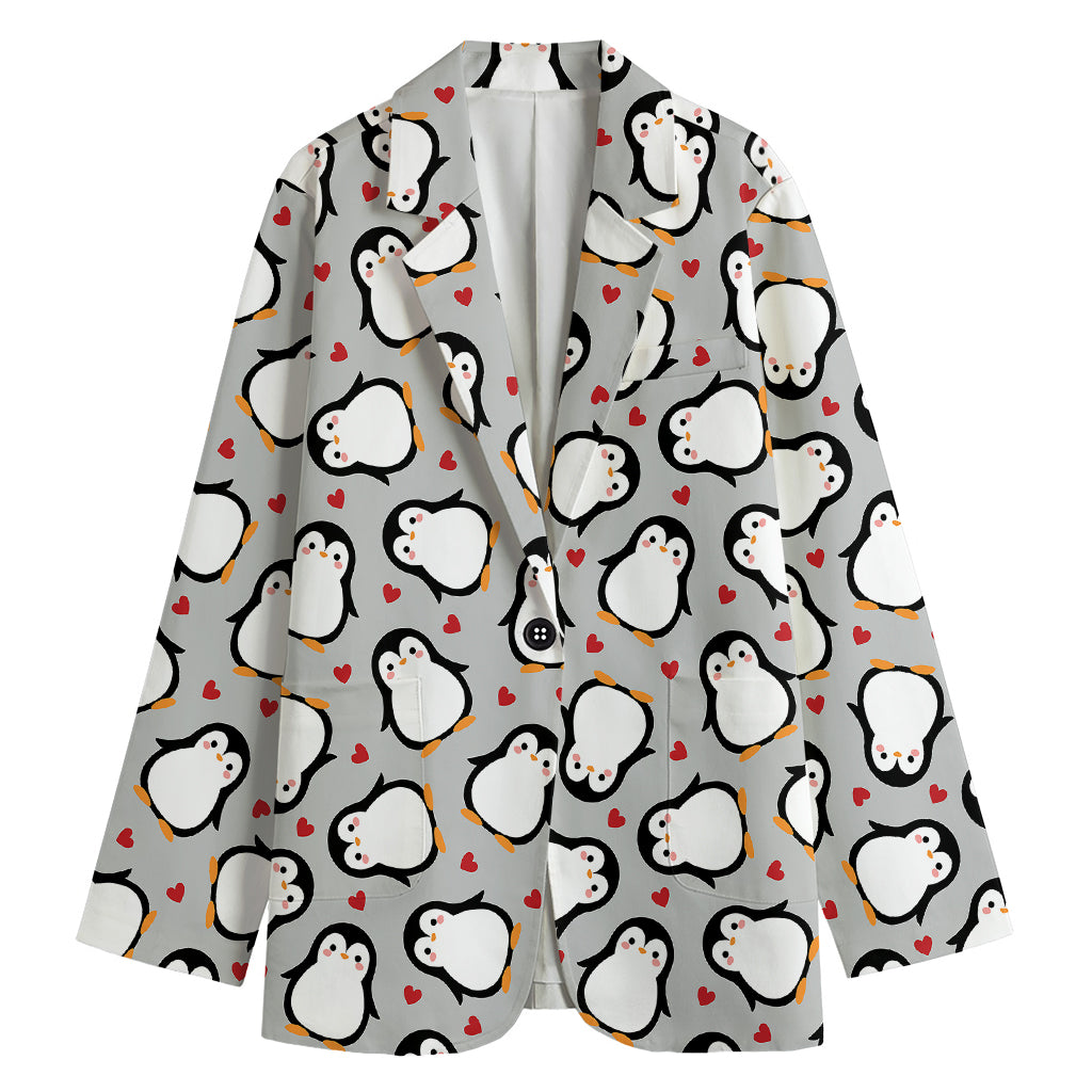 Red Heart And Penguin Pattern Print Women's Cotton Blazer