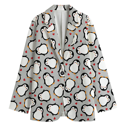 Red Heart And Penguin Pattern Print Women's Cotton Blazer