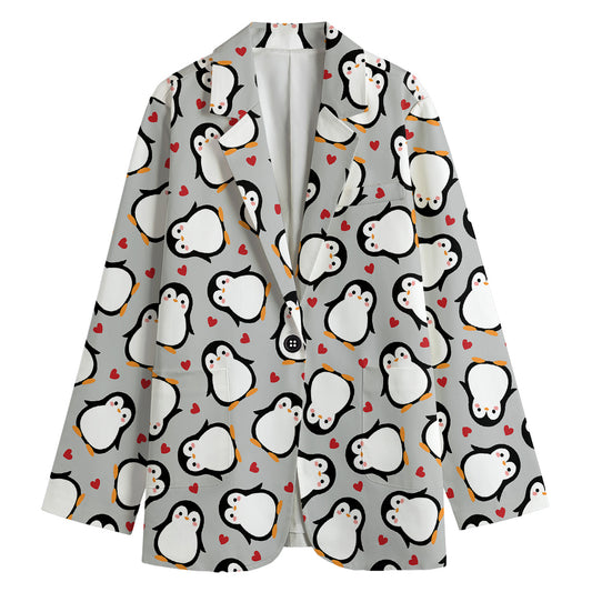 Red Heart And Penguin Pattern Print Women's Cotton Blazer