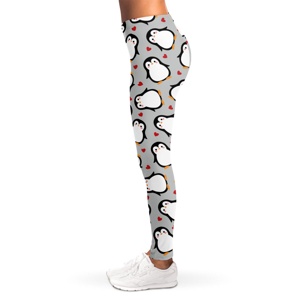 Red Heart And Penguin Pattern Print Women's Leggings