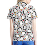 Red Heart And Penguin Pattern Print Women's Polo Shirt