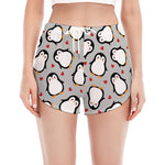 Red Heart And Penguin Pattern Print Women's Split Running Shorts