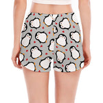 Red Heart And Penguin Pattern Print Women's Split Running Shorts