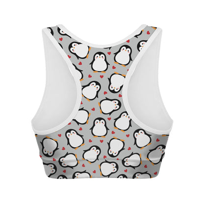 Red Heart And Penguin Pattern Print Women's Sports Bra