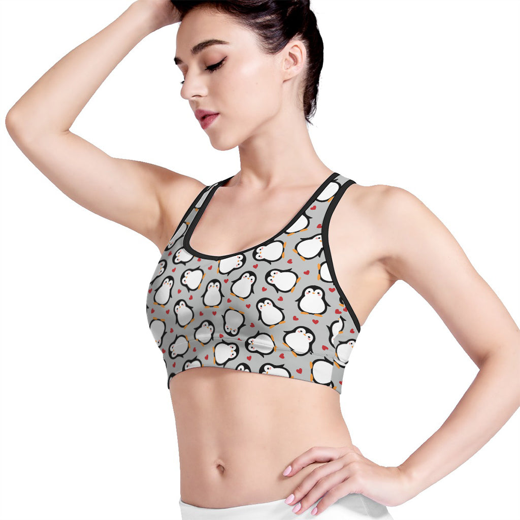 Red Heart And Penguin Pattern Print Women's Sports Bra