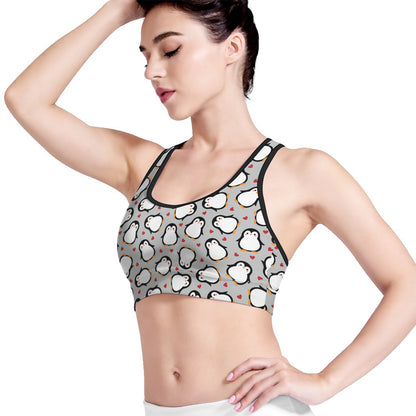 Red Heart And Penguin Pattern Print Women's Sports Bra
