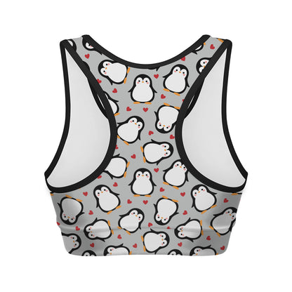 Red Heart And Penguin Pattern Print Women's Sports Bra