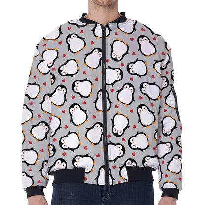 Red Heart And Penguin Pattern Print Zip Sleeve Bomber Jacket