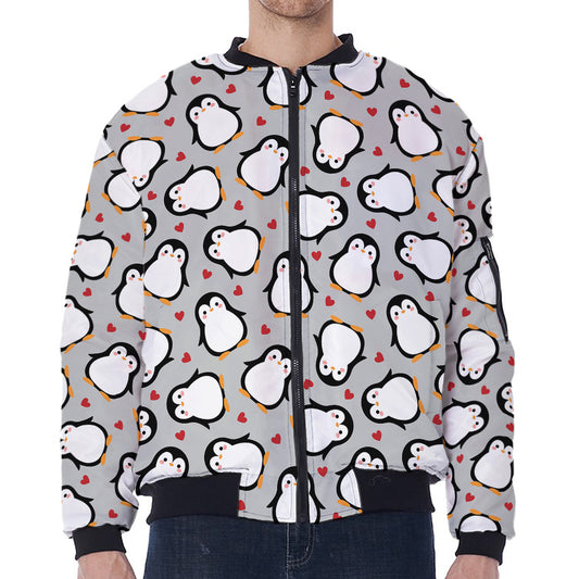 Red Heart And Penguin Pattern Print Zip Sleeve Bomber Jacket