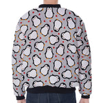 Red Heart And Penguin Pattern Print Zip Sleeve Bomber Jacket