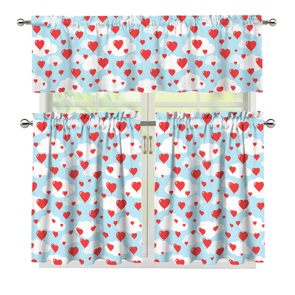 Red Heart Balloon Pattern Print 3 Piece Kitchen Curtains