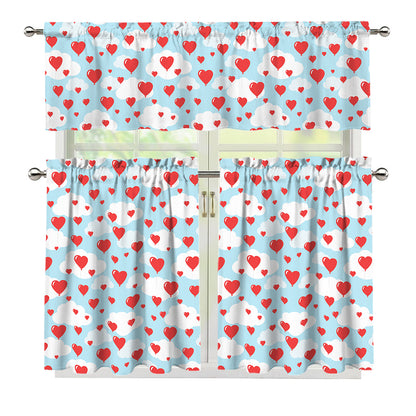Red Heart Balloon Pattern Print 3 Piece Kitchen Curtains