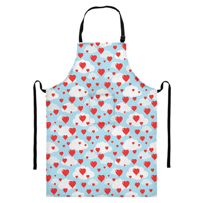 Red Heart Balloon Pattern Print Bib Apron With Pocket