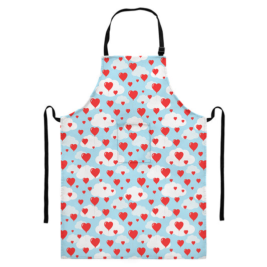 Red Heart Balloon Pattern Print Bib Apron With Pocket