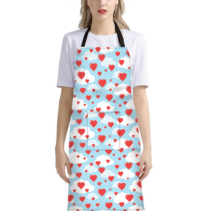 Red Heart Balloon Pattern Print Bib Apron With Pocket