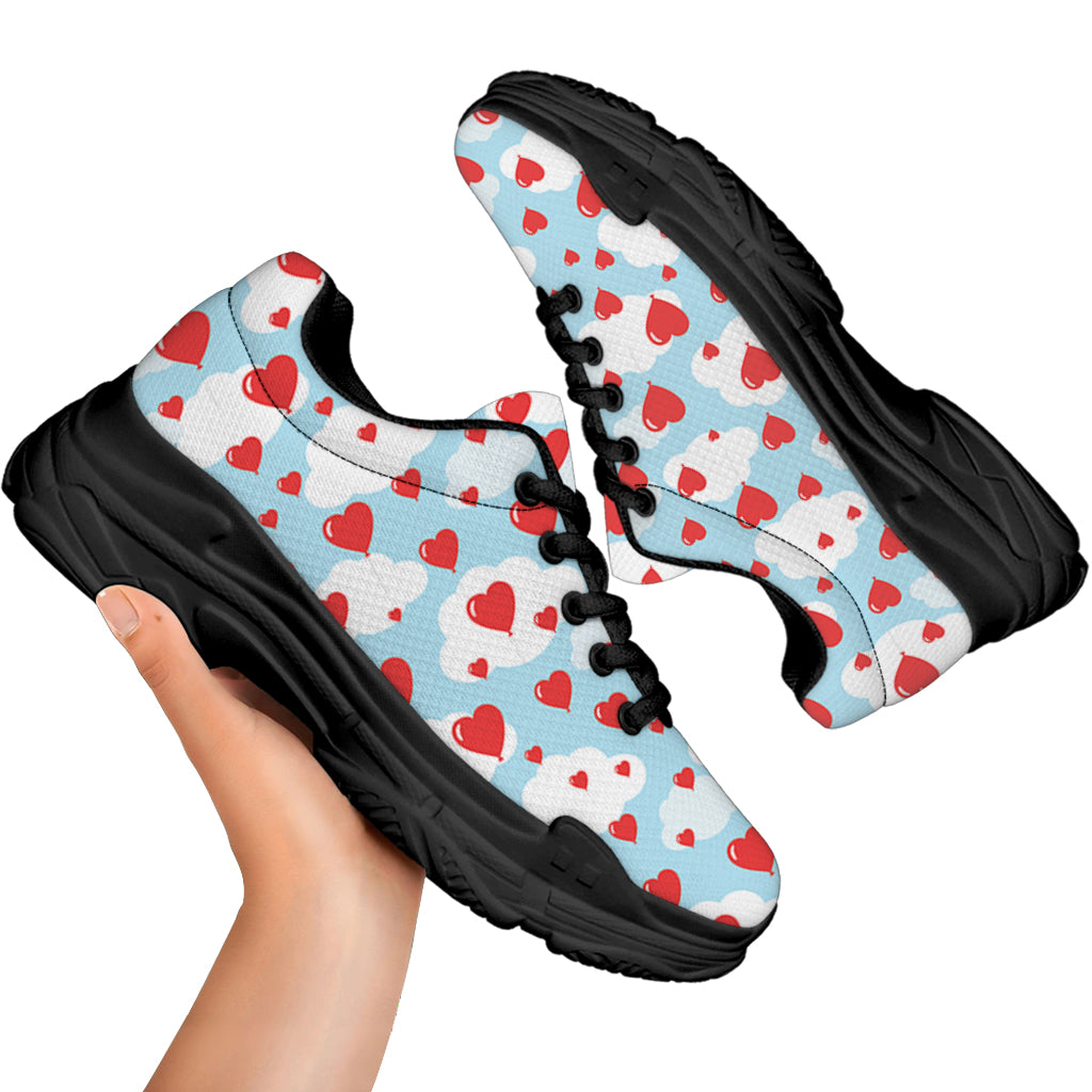 Red Heart Balloon Pattern Print Black Chunky Shoes