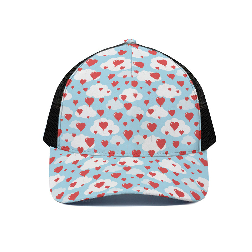 Red Heart Balloon Pattern Print Black Mesh Trucker Cap