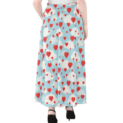 Red Heart Balloon Pattern Print Chiffon Maxi Skirt