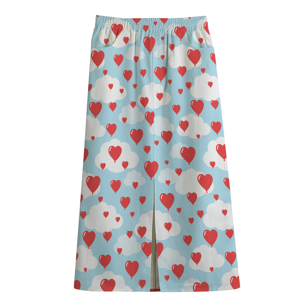 Red Heart Balloon Pattern Print Cotton Front Slit Maxi Skirt
