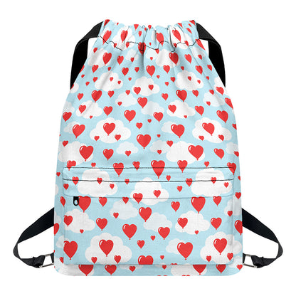 Red Heart Balloon Pattern Print Drawstring Backpack