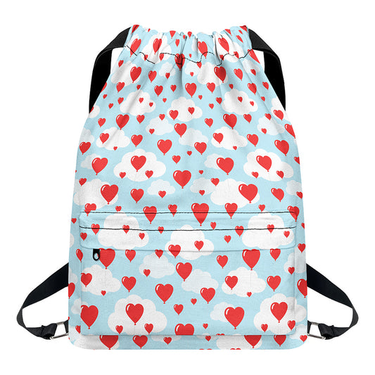 Red Heart Balloon Pattern Print Drawstring Backpack