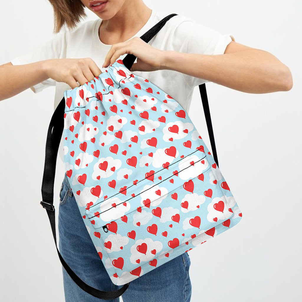 Red Heart Balloon Pattern Print Drawstring Backpack
