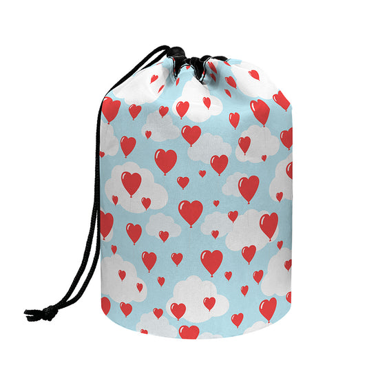 Red Heart Balloon Pattern Print Drawstring Makeup Bag