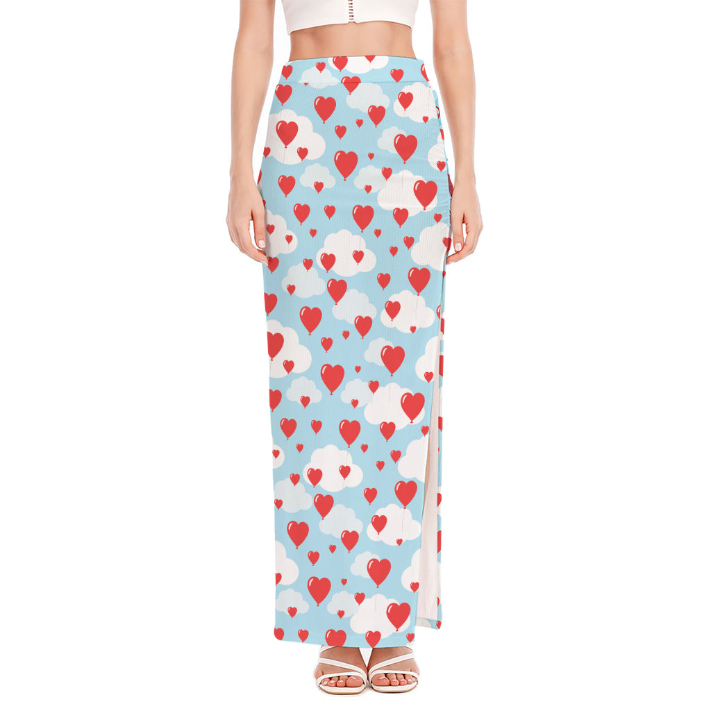 Red Heart Balloon Pattern Print High Slit Maxi Skirt