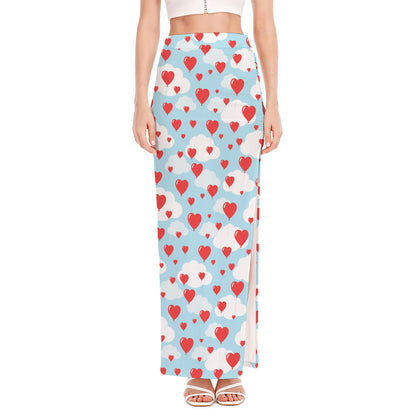 Red Heart Balloon Pattern Print High Slit Maxi Skirt