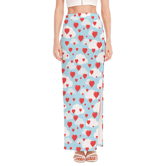 Red Heart Balloon Pattern Print High Slit Maxi Skirt